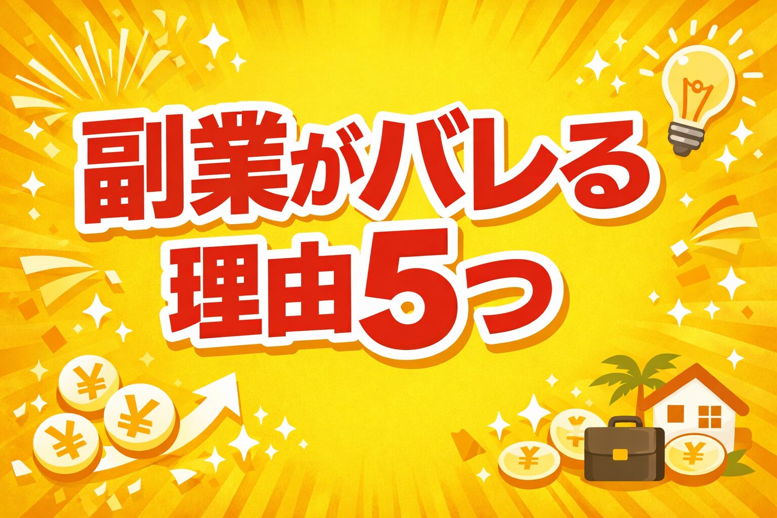 副業がバレる理由5つを解説した黄色背景のアイキャッチ画像。大きな赤文字で強調された注意喚起デザイン