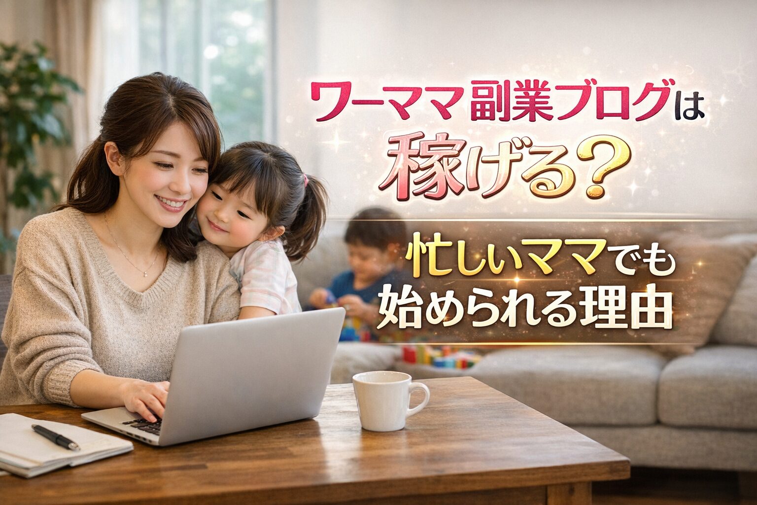 子どもと一緒に自宅でパソコンを使いブログを書いているワーママのイメージ。「ワーママ副業ブログは稼げる？忙しいママでも始められる理由」という文字が入ったアイキャッチ画像。