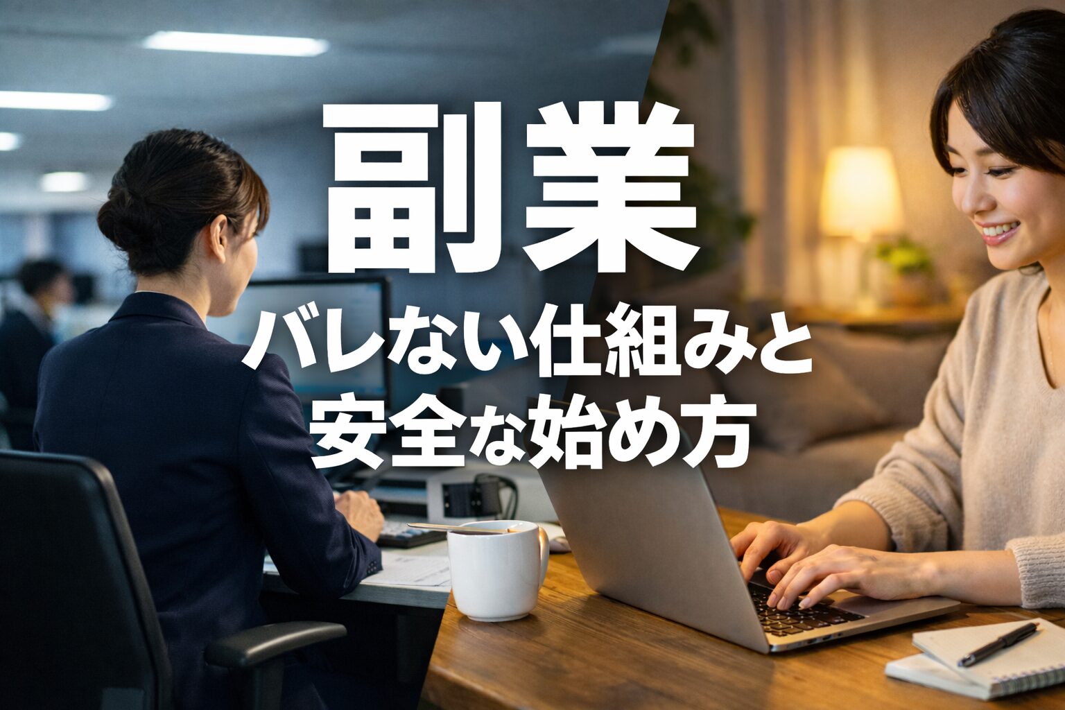 副業と本業を両立する女性のイメージ。オフィスで働く姿と自宅でパソコン作業する同一人物を対比したビジュアル