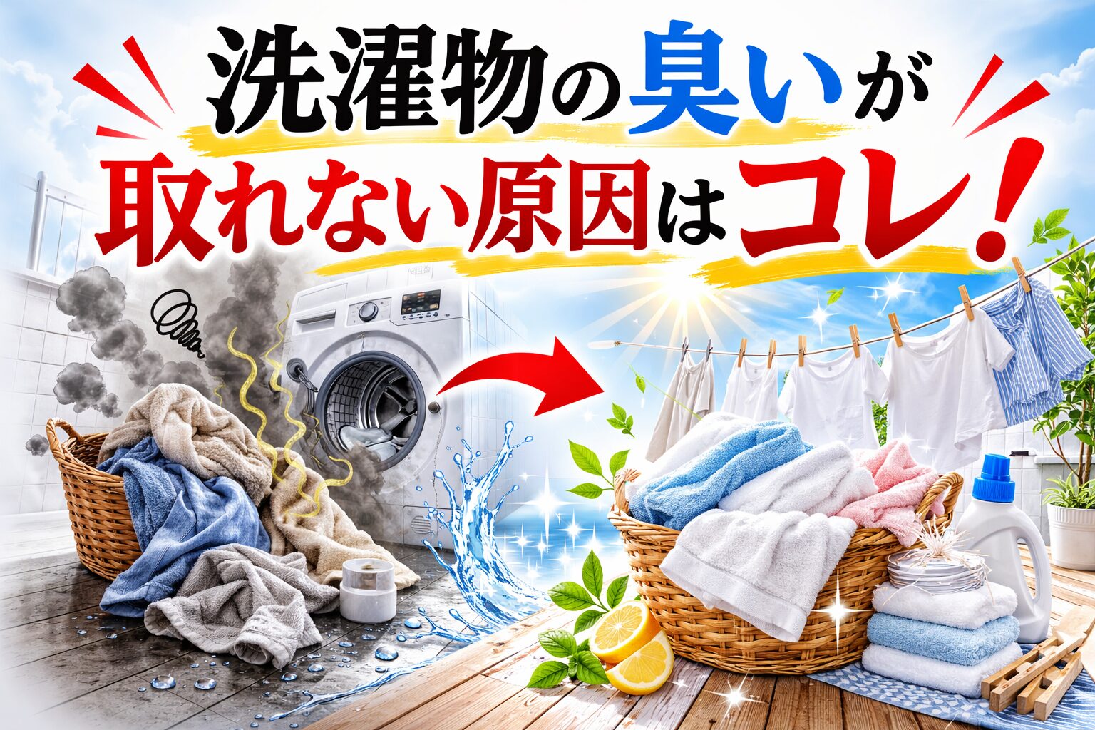 洗濯物の臭いが取れない原因を解説するイメージ。生乾きの洗濯物と清潔な洗濯後の比較が描かれた横長画像