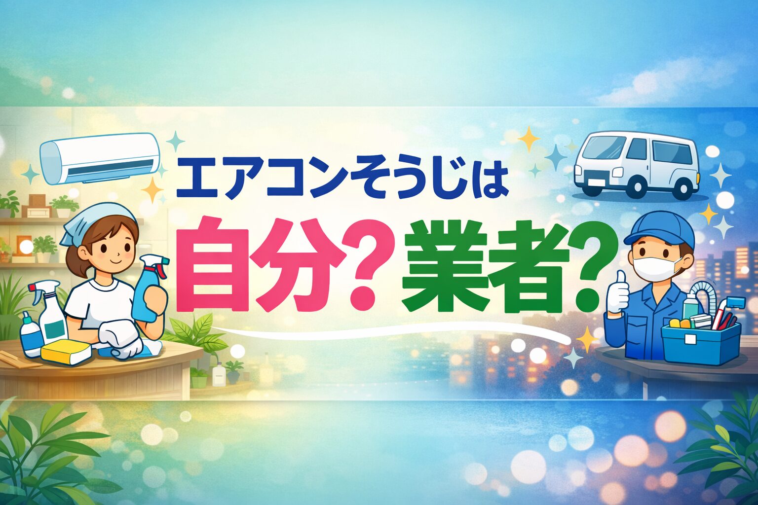 エアコン掃除は自分か業者かを比較したイラスト。掃除する女性とプロ業者が対比されたおしゃれな画像