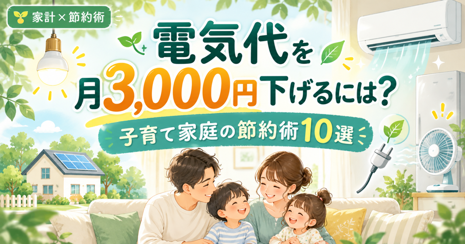 電気代を月3,000円下げるには？子育て家庭の節約術10選を紹介するアイキャッチ画像