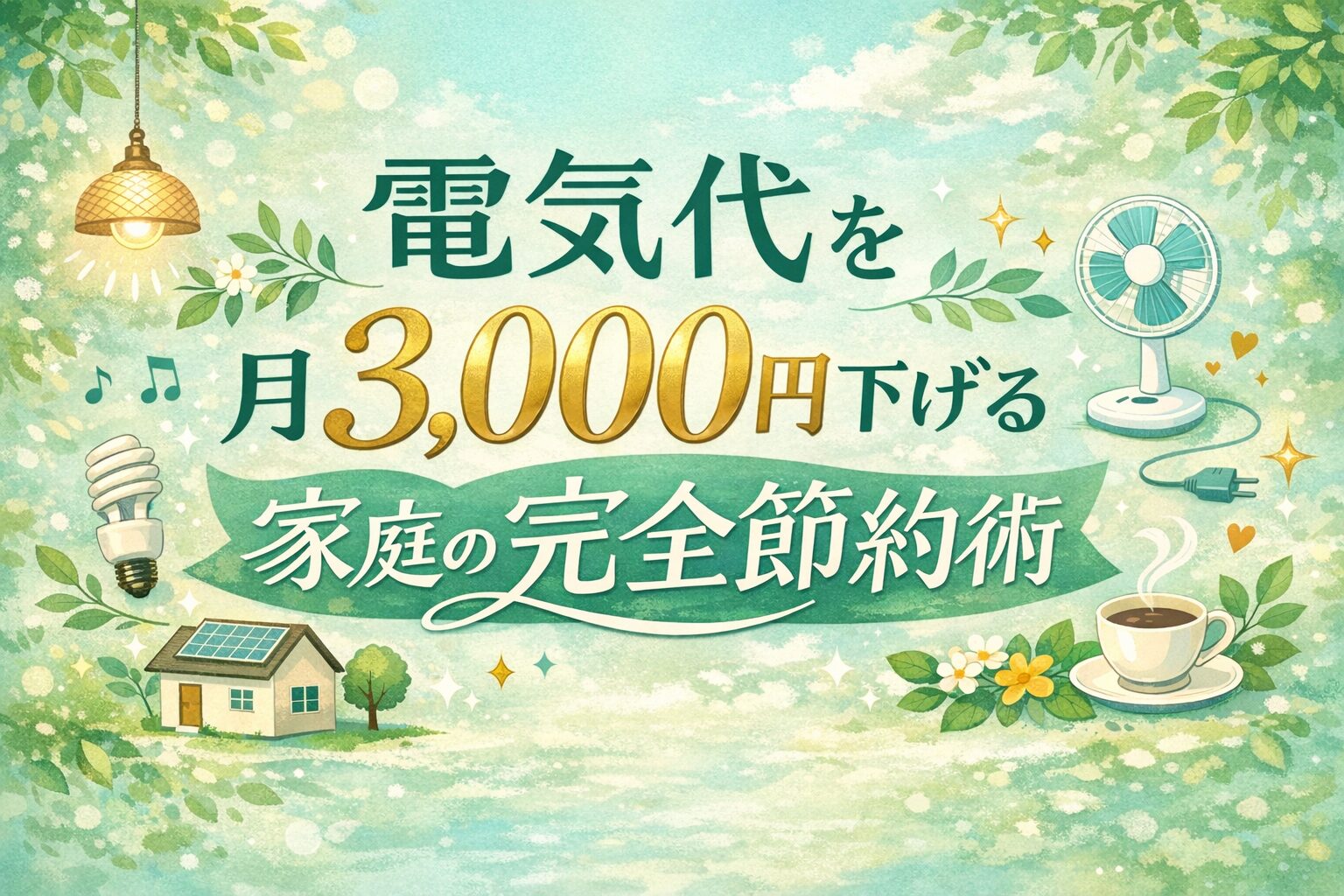 電気代を月3,000円下げる家庭の完全節約術と大きく書かれたミントグリーン背景の横長バナー画像