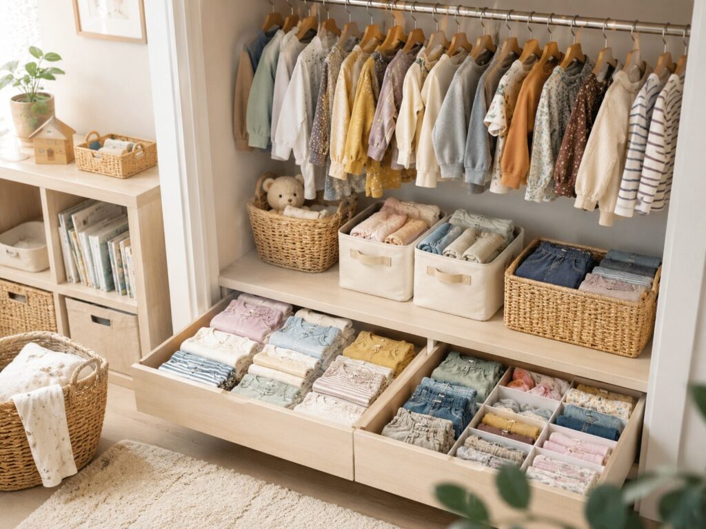 子ども服を種類ごとに整理し、必要な枚数を確認しやすくしたクローゼット収納の様子