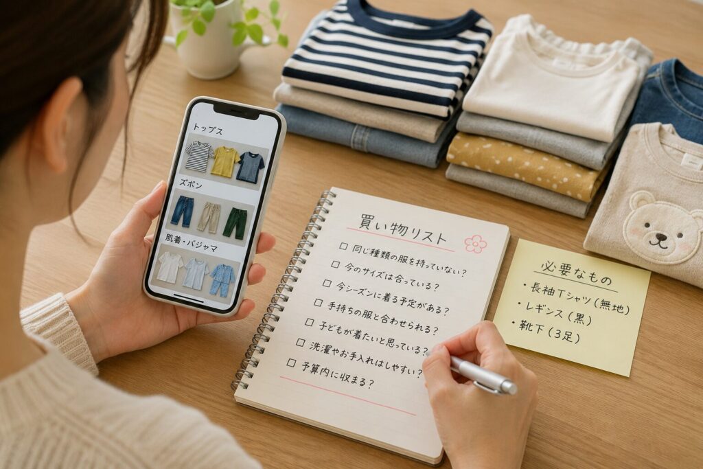 手持ちの子ども服をスマートフォンで確認しながら、購入前チェックリストを作成している様子