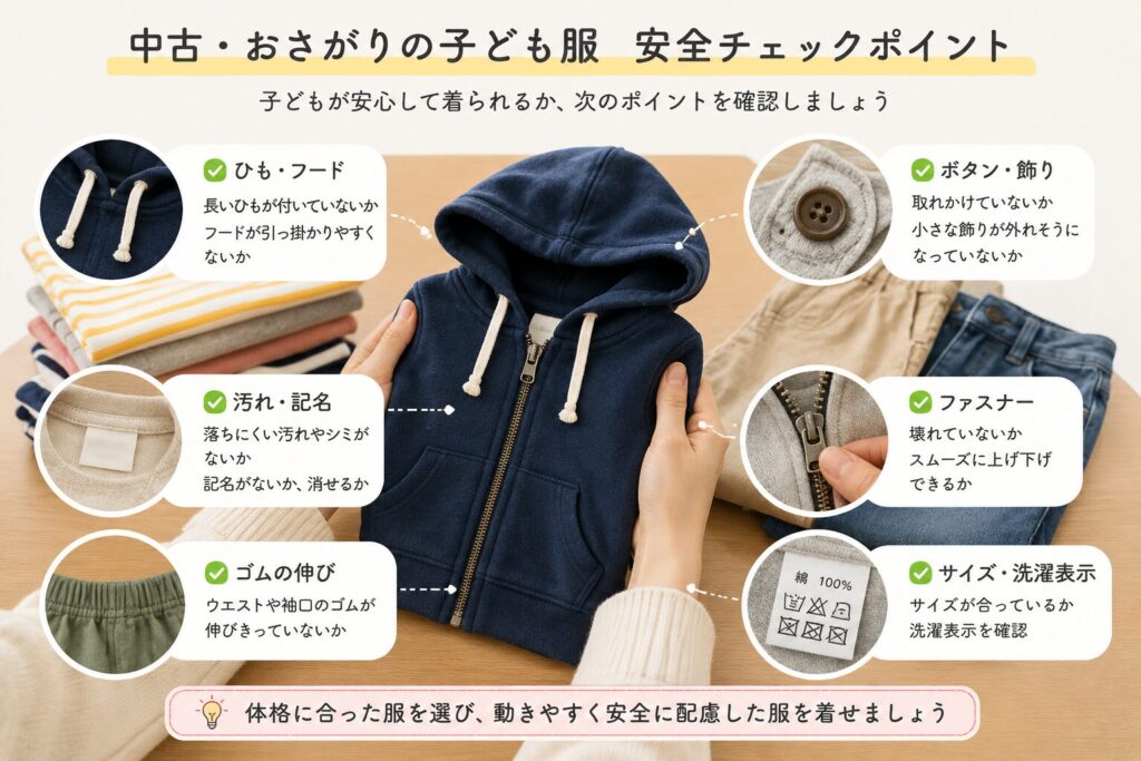 中古・おさがりの子ども服について、ひもやフード、ボタン、ファスナー、ゴム、洗濯表示を確認する安全チェック画像