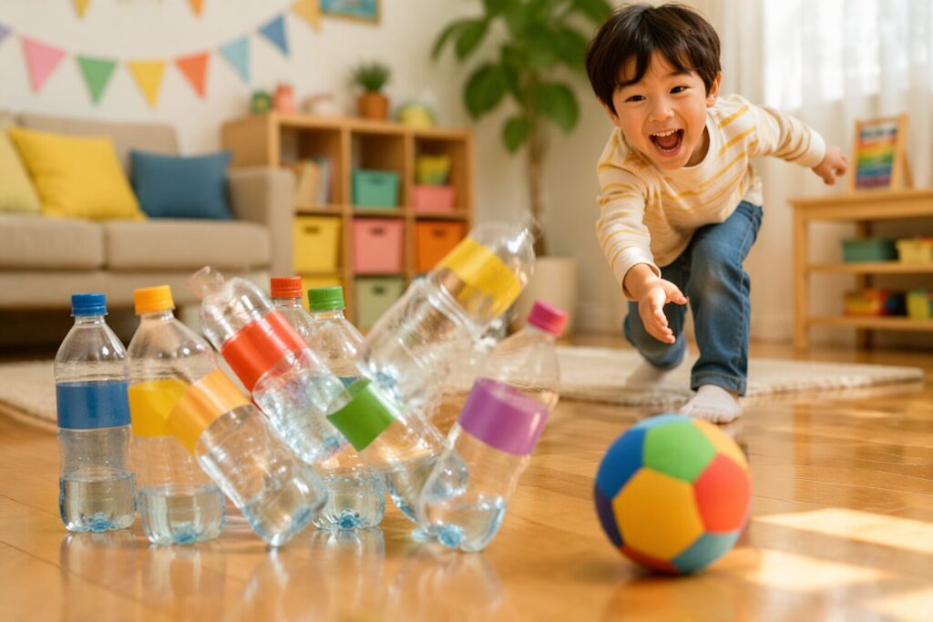 笑顔の子どもがカラフルなボールでペットボトルボウリングを楽しんでいる室内遊びの写真