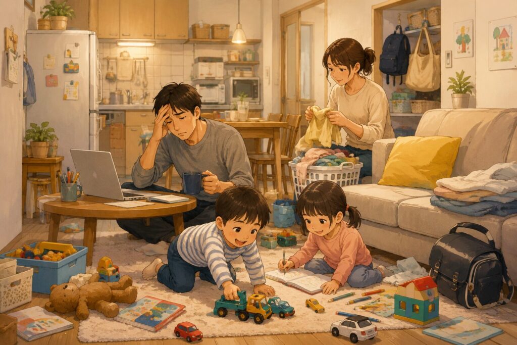2LDKのリビングで家族4人が過ごし、子どものおもちゃや洗濯物が広がる中で、親が少し疲れを感じている様子