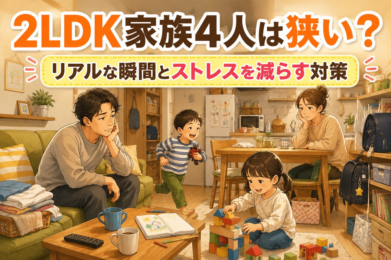 2LDKのやや狭い部屋で暮らす4人家族の様子を背景に、「2LDK家族4人は狭い？リアルな瞬間とストレスを減らす対策」という文字が入ったアイキャッチ画像