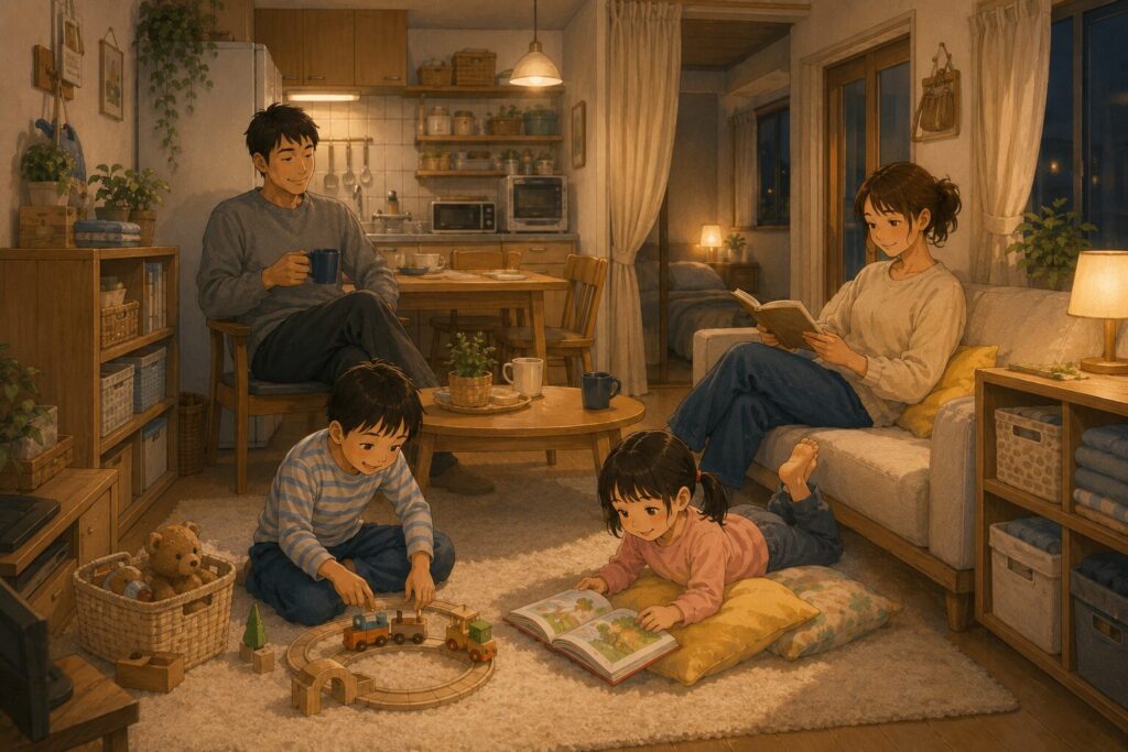 2LDKのやや狭い部屋で、夜のリビングに家族4人が落ち着いて過ごしている様子