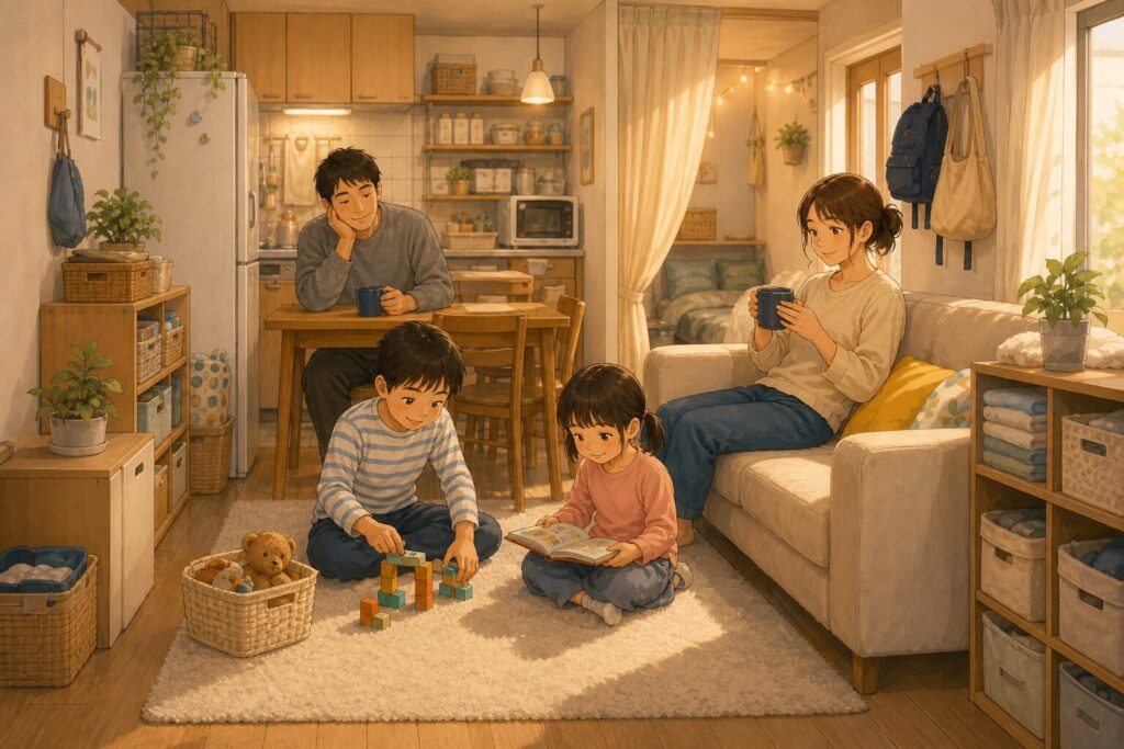 2LDKのやや狭いリビングで家族4人が穏やかに過ごし、収納棚や整理された空間で暮らしを工夫している様子