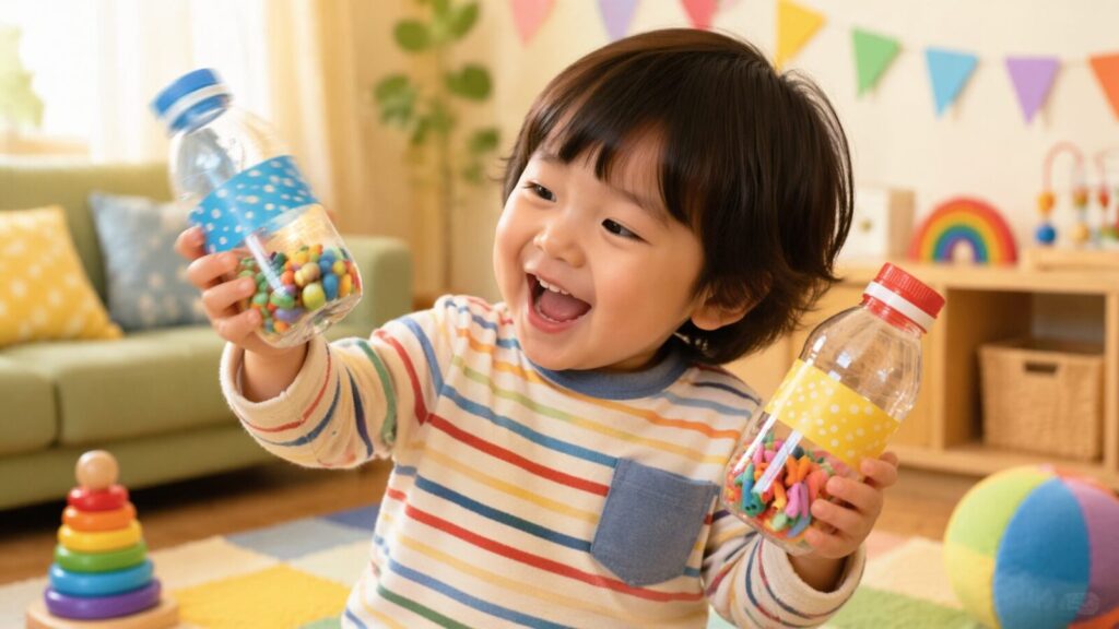 笑顔の子どもが手作りのペットボトルマラカスを両手に持って音遊びを楽しんでいる室内の写真