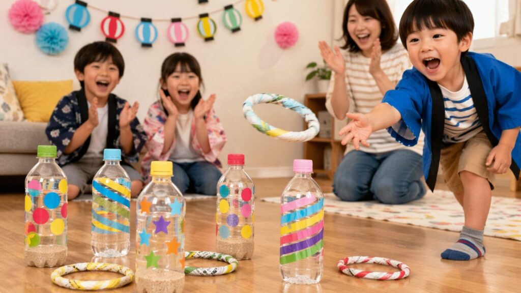 子どもたちがカラフルに飾ったペットボトル輪投げで遊び、家族で笑顔になっている室内遊びの写真