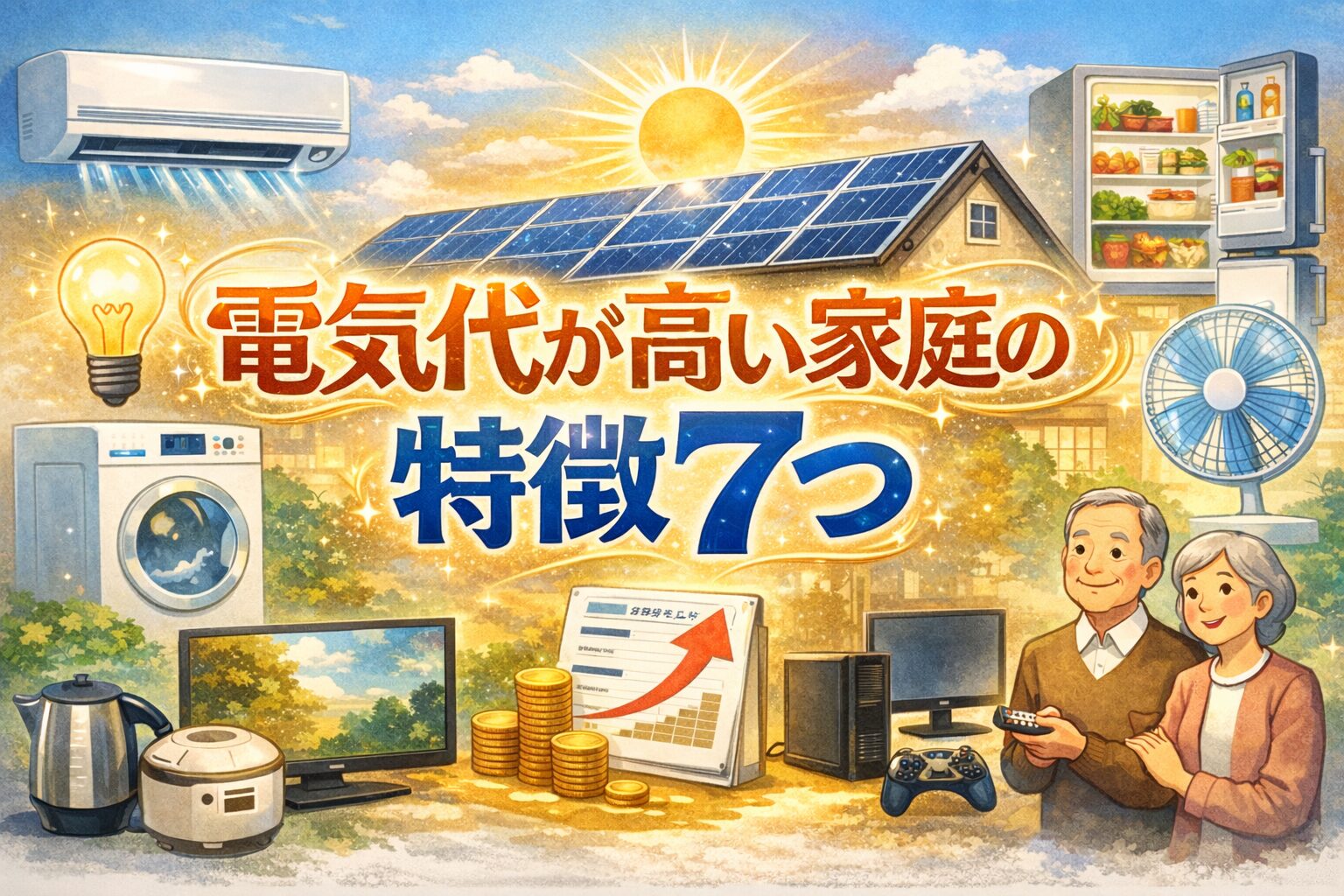 電気代が高い家庭の特徴7つをテーマにした横長アイキャッチ画像。エアコン、冷蔵庫、洗濯機、扇風機、テレビなどの家電と、電気代の請求書を見つめる夫婦のイラストが描かれている。
