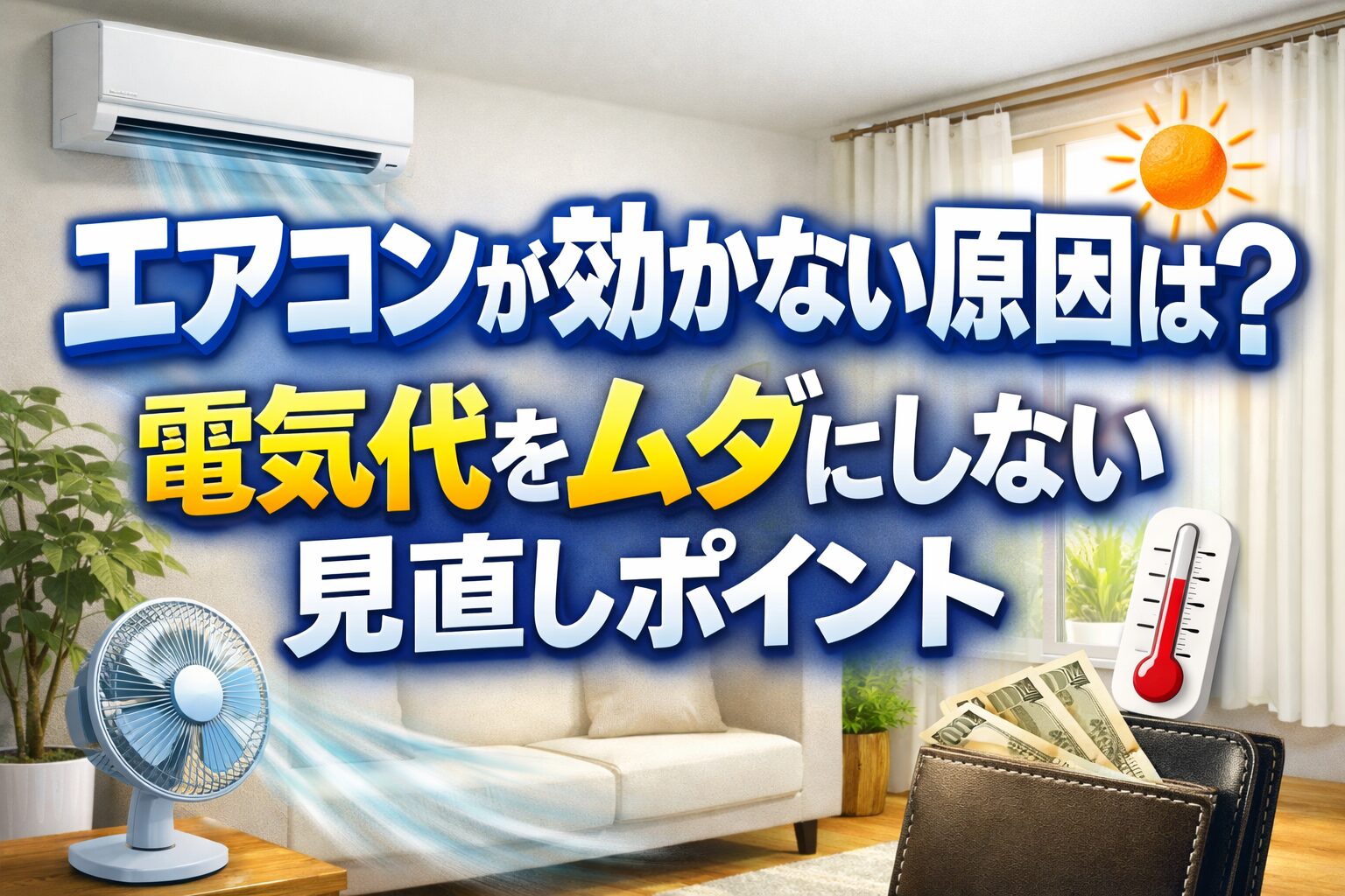 エアコンが効かない原因と、電気代をムダにしない見直しポイントを大きな文字で伝える横長アイキャッチ画像。室内のエアコン、扇風機、温度計、財布のイメージとともに、家計と冷房効率の見直しを連想させるデザイン。