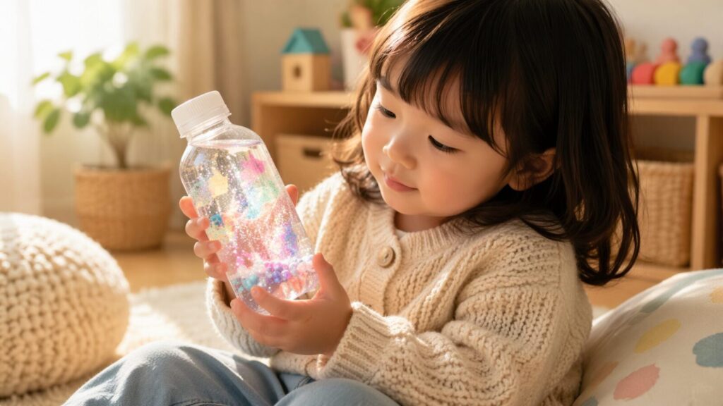 子どもがラメやビーズ入りのキラキラボトルを手に持ち、ゆっくり眺めて楽しんでいる室内の写真