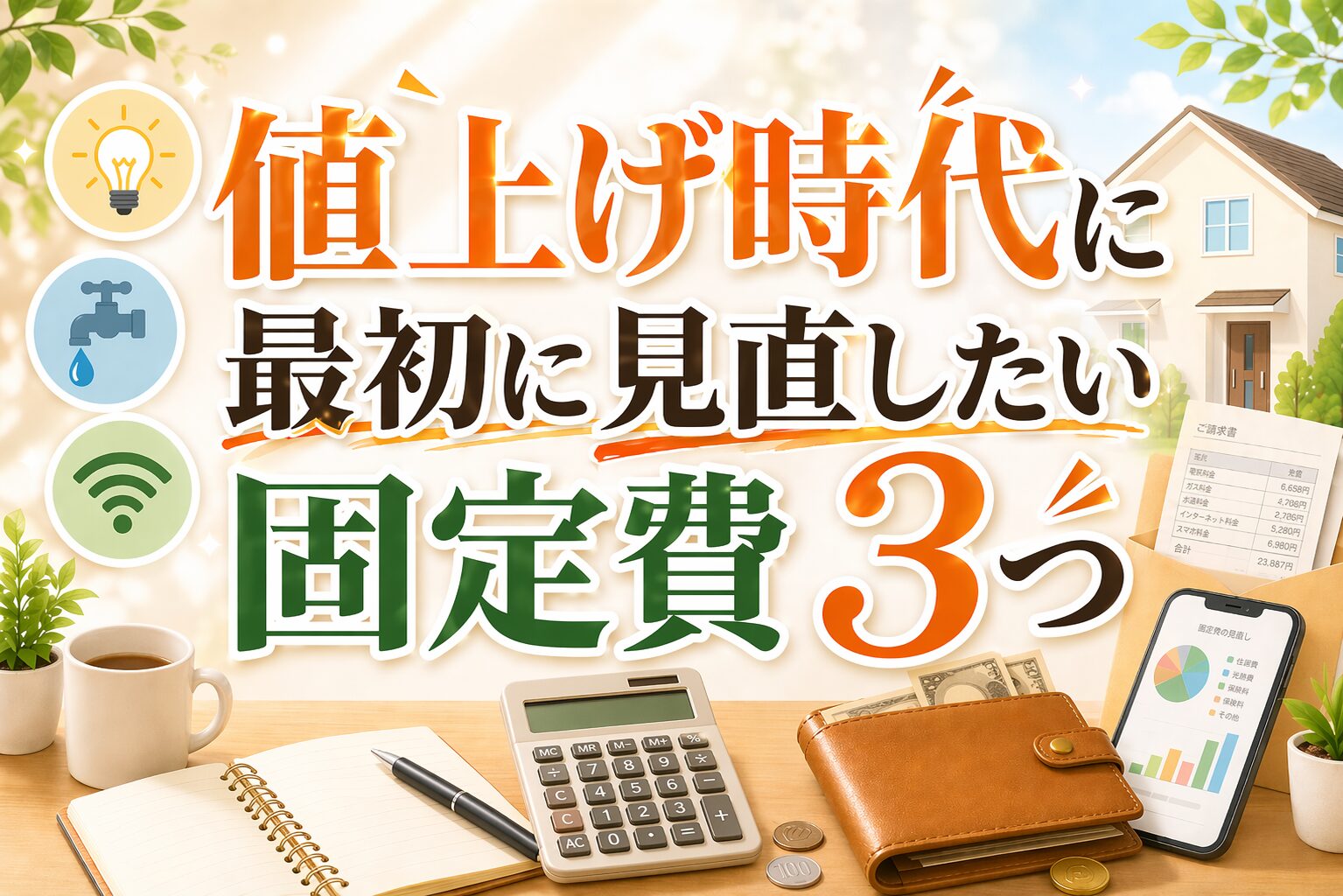 「値上げ時代に最初に見直したい固定費3つ」という大きな文字が中心に入った横長バナー画像。電気・水道・通信をイメージしたアイコン、家、請求書、スマホ、財布、電卓などが配置され、家計見直しをやさしくおしゃれに表現している。