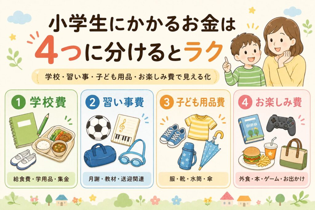 小学生にかかるお金を、学校費・習い事費・子ども用品費・お楽しみ費の4つに分けてわかりやすく整理した図解画像。ノート、給食、サッカーボール、服、靴、本、ゲームなどのイラスト付き。
