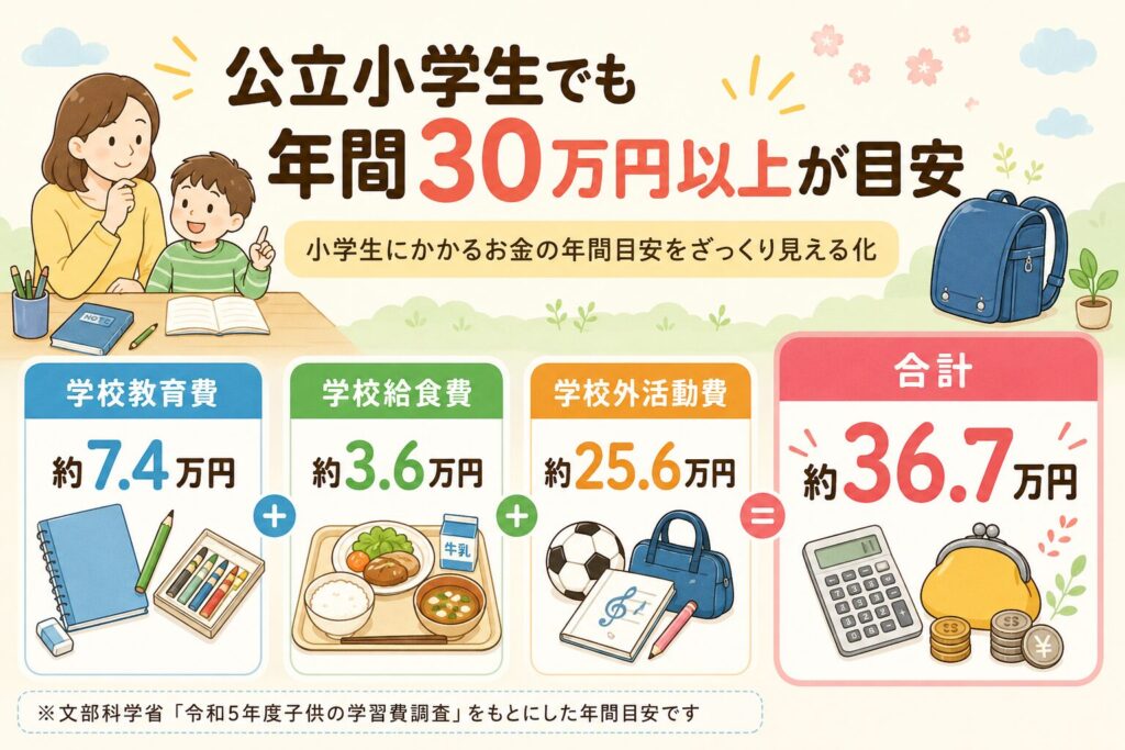 公立小学生にかかる年間費用の目安として、学校教育費約7.4万円、学校給食費約3.6万円、学校外活動費約25.6万円、合計約36.7万円を親子や学用品のイラストとともに示した図解画像。