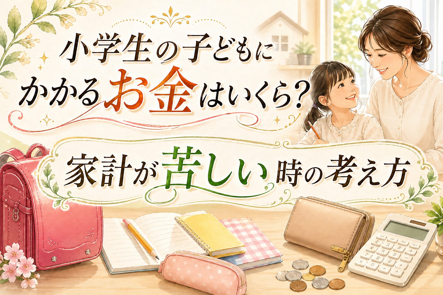 小学生の子どもにかかるお金と、家計が苦しい時の考え方を大きな文字で示した横長バナー画像。親子、ランドセル、ノート、財布、電卓、硬貨が描かれている。