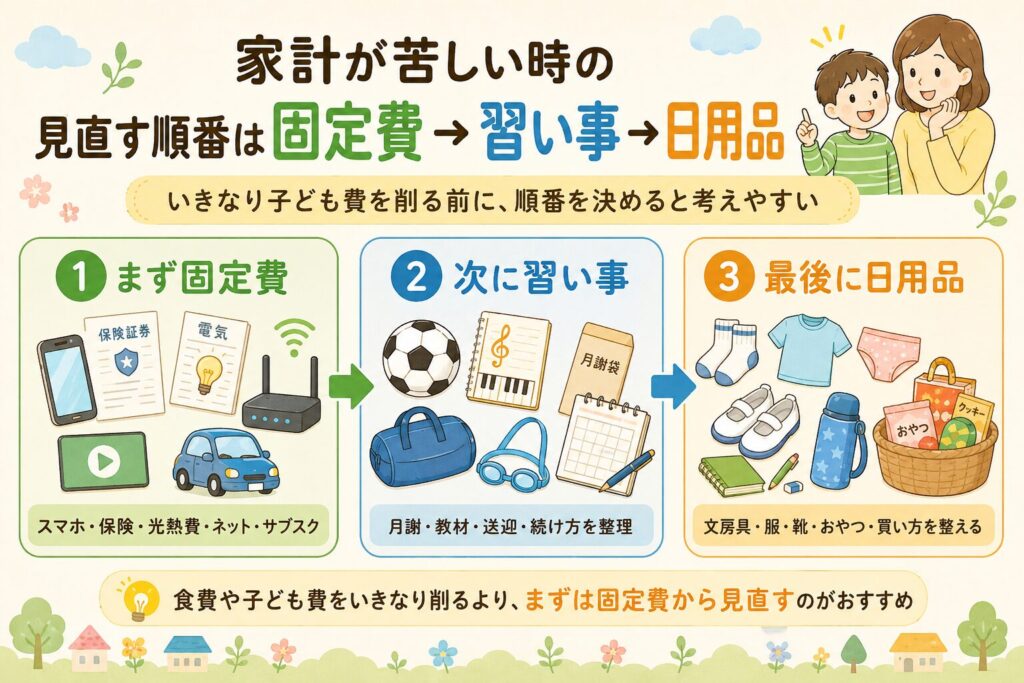 家計が苦しい時の見直す順番として、固定費、習い事、日用品の3ステップをわかりやすく示した図解画像。スマホや保険、サッカーボール、月謝袋、服、靴、水筒などのイラスト付き。