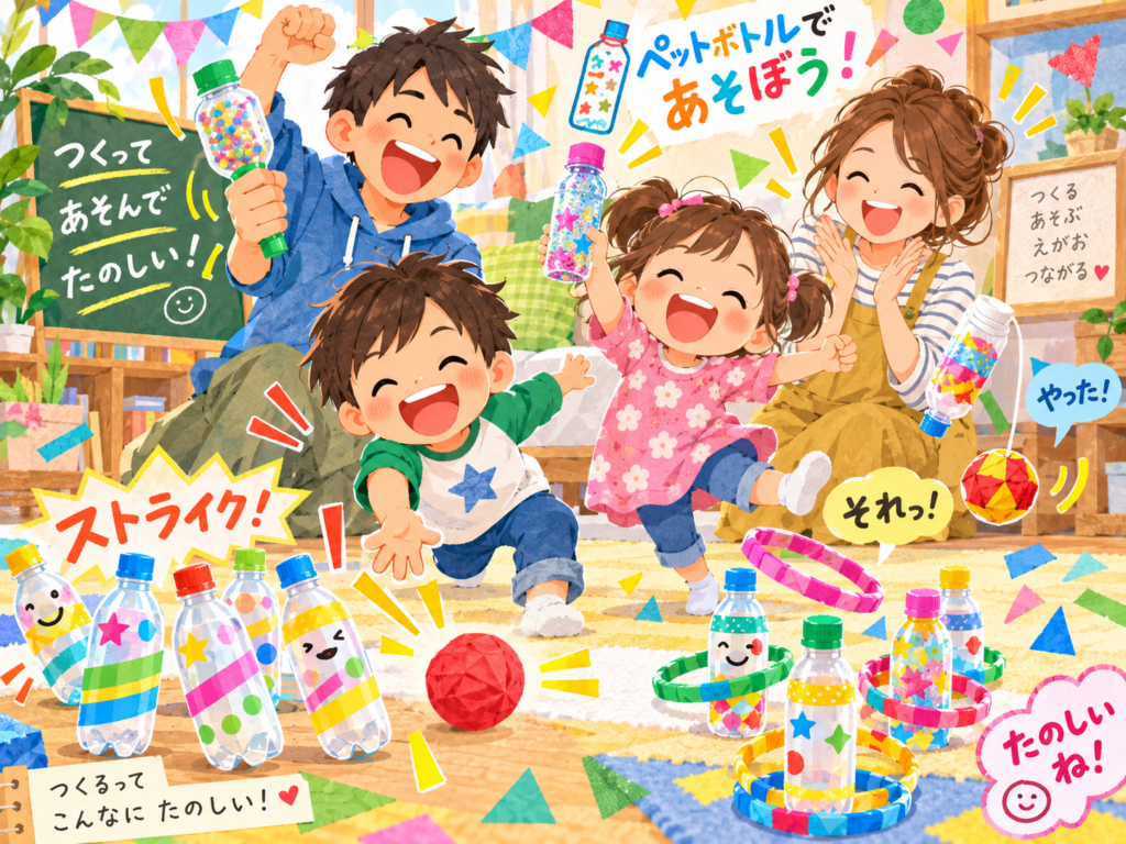 親子と子どもたちがカラフルに飾ったペットボトルおもちゃで遊びながら、笑顔いっぱいで大はしゃぎしている明るい室内イラスト