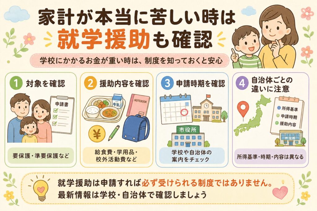 家計が本当に苦しい時は就学援助も確認と伝える図解画像。対象確認、援助内容、申請時期、自治体ごとの違いの4つのポイントを、親子や申請書、給食、カレンダー、日本地図のイラスト付きでわかりやすく示している。