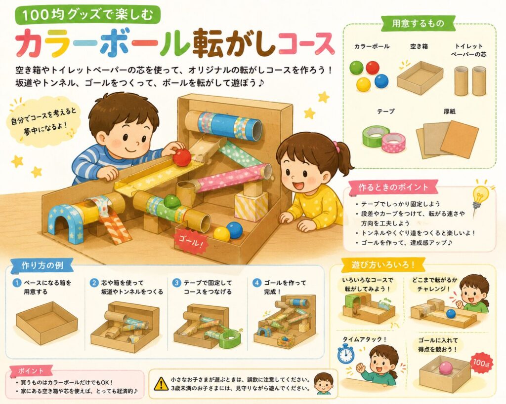 空き箱やトイレットペーパーの芯、カラーボールを使って、子どもたちが転がしコースを作って遊んでいるイラスト。坂道やトンネル、ゴールを作り、ボールを転がして楽しむ室内遊びを紹介している。
