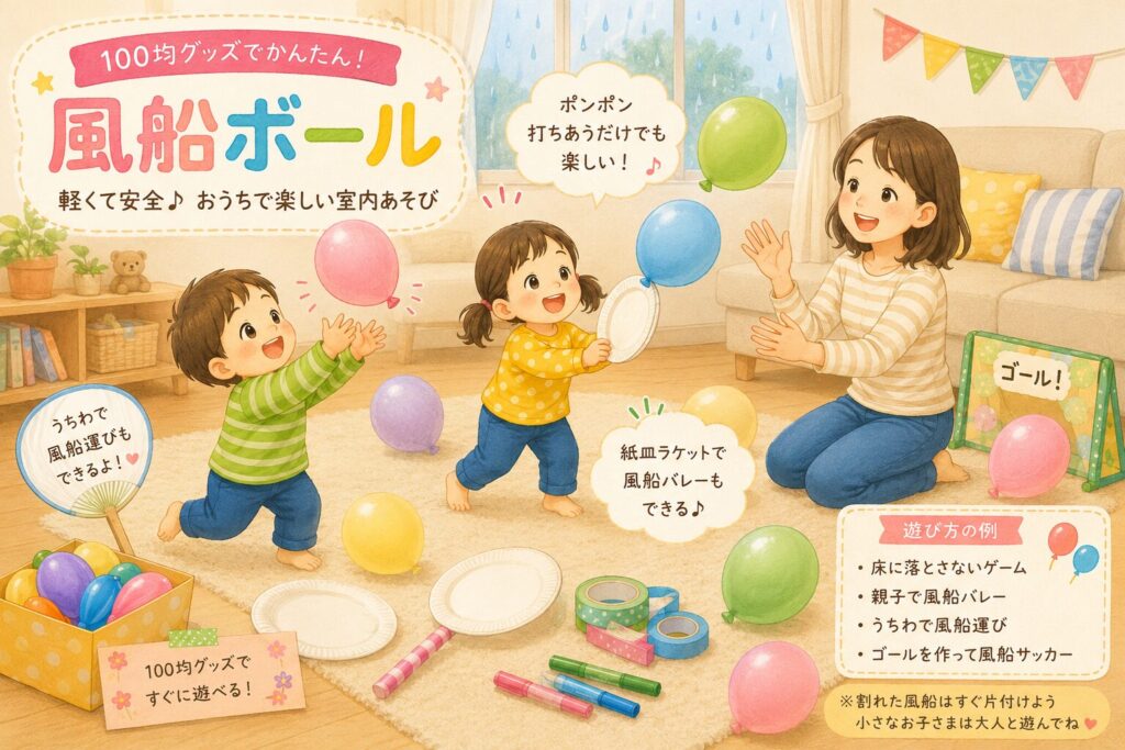 風船を使って室内で遊ぶ親子のイラスト。子どもたちが風船を打ち合い、紙皿ラケットやうちわ、ゴールを使った風船バレーや風船遊びのアイデアを紹介している。
