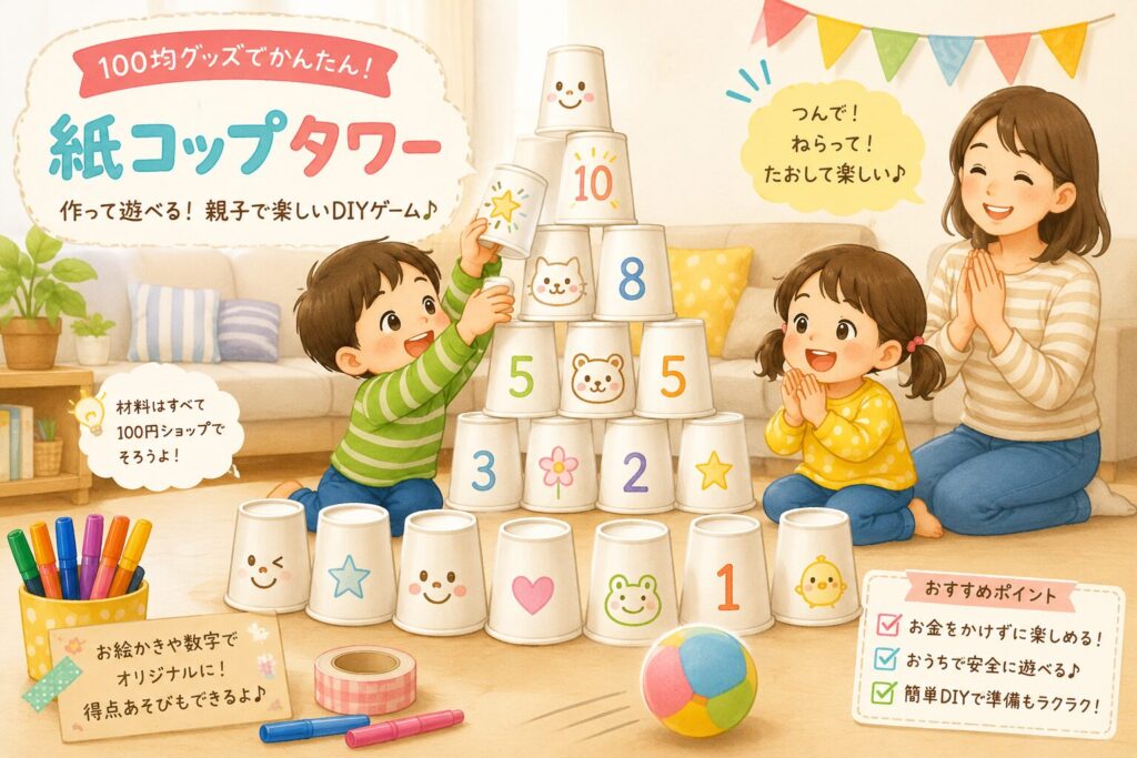 紙コップを積み上げて遊ぶ子どもたちと見守るママのイラスト。数字や顔を描いた紙コップ、カラーペン、テープ、ボールが並び、100均材料で作れる紙コップタワー遊びを紹介している。