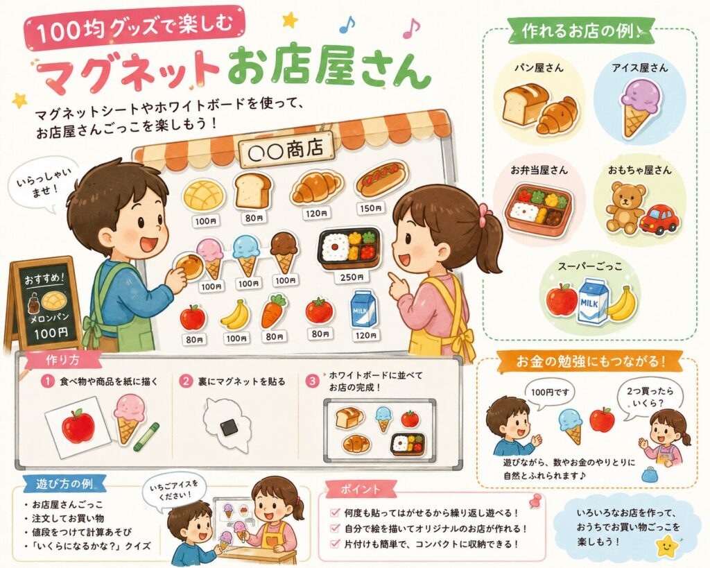 マグネットシートとホワイトボードを使って、親子でお店屋さんごっこを楽しんでいるイラスト。パン、アイス、お弁当、おもちゃ、スーパーの商品に値段をつけて、お買い物遊びやお金の勉強をしている。