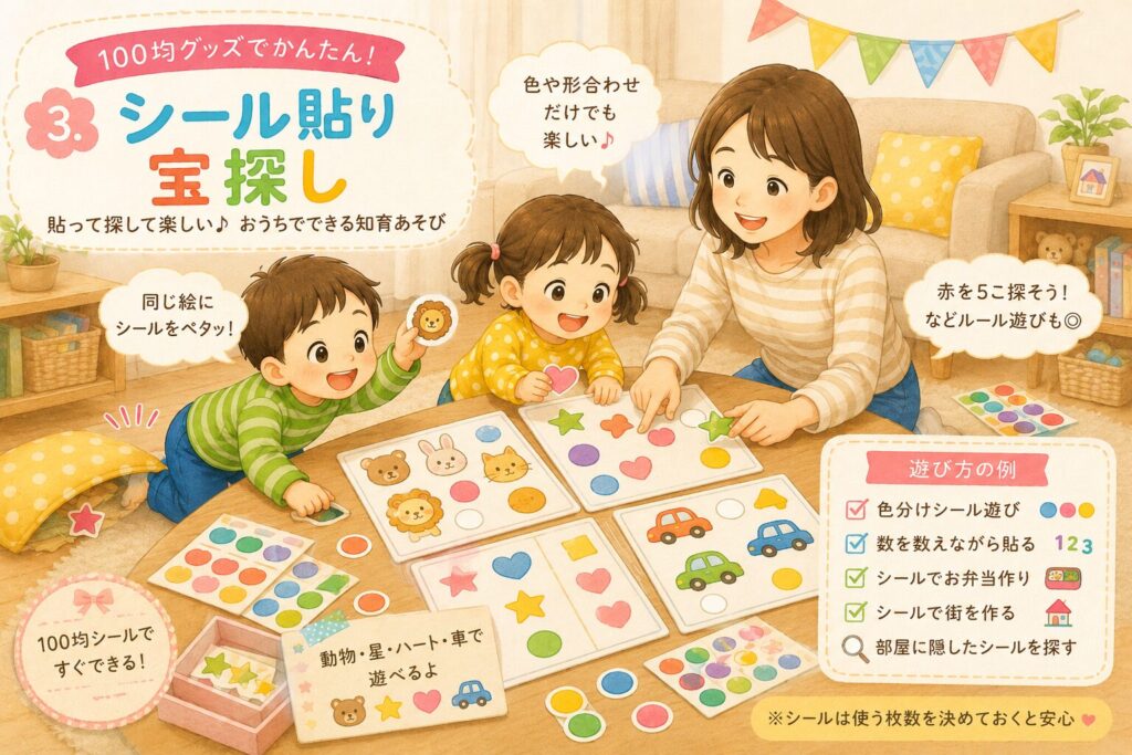 親子でシール貼り遊びをしているイラスト。動物や星、ハート、車の絵が描かれた台紙に、子どもたちが同じ種類のシールを貼りながら楽しんでいる。