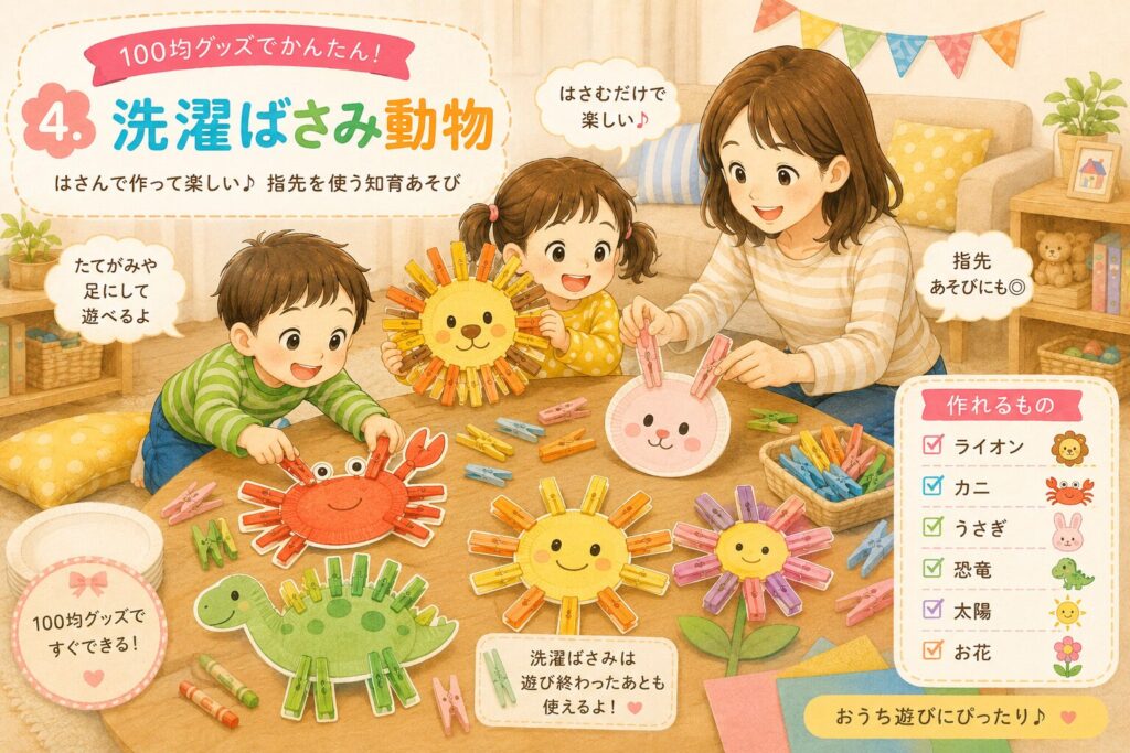 親子で洗濯ばさみを使った工作を楽しんでいるイラスト。紙皿や紙に描いたライオン、カニ、うさぎ、恐竜、太陽、お花にカラフルな洗濯ばさみをつけて遊んでいる。