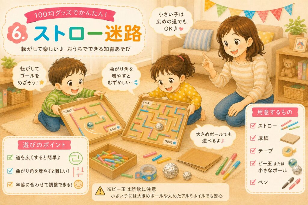 親子でストロー迷路を楽しんでいるイラスト。厚紙や箱のふたにカラフルなストローを貼って作った迷路を傾けながら、ビー玉や大きめのボールをゴールまで転がして遊んでいる。
