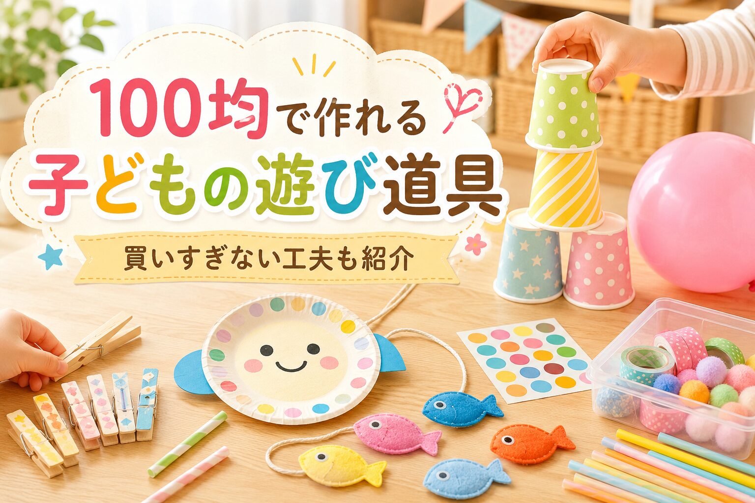100均で作れる子どもの遊び道具を紹介するアイキャッチ画像。紙コップ、風船、シール、魚つりおもちゃなどカラフルな工作アイテムが並び、買いすぎない工夫も紹介している。