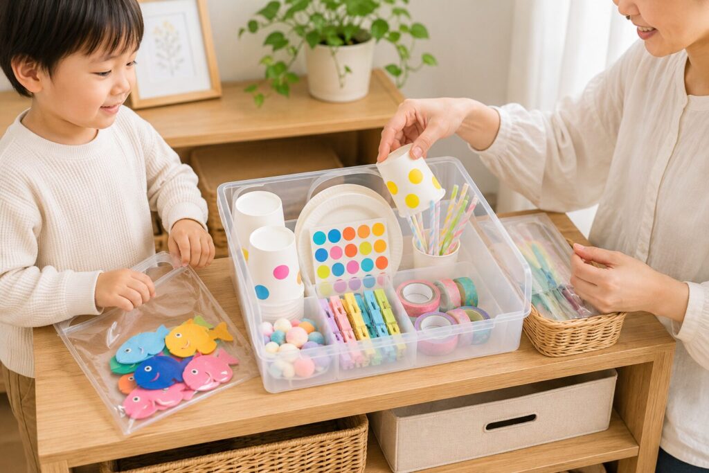 100均の工作材料を親子で整理している様子。紙コップ、シール、紙皿、ストロー、洗濯ばさみ、フェルトの魚つりおもちゃなどを収納ケースにまとめ、買いすぎない工夫を表している。