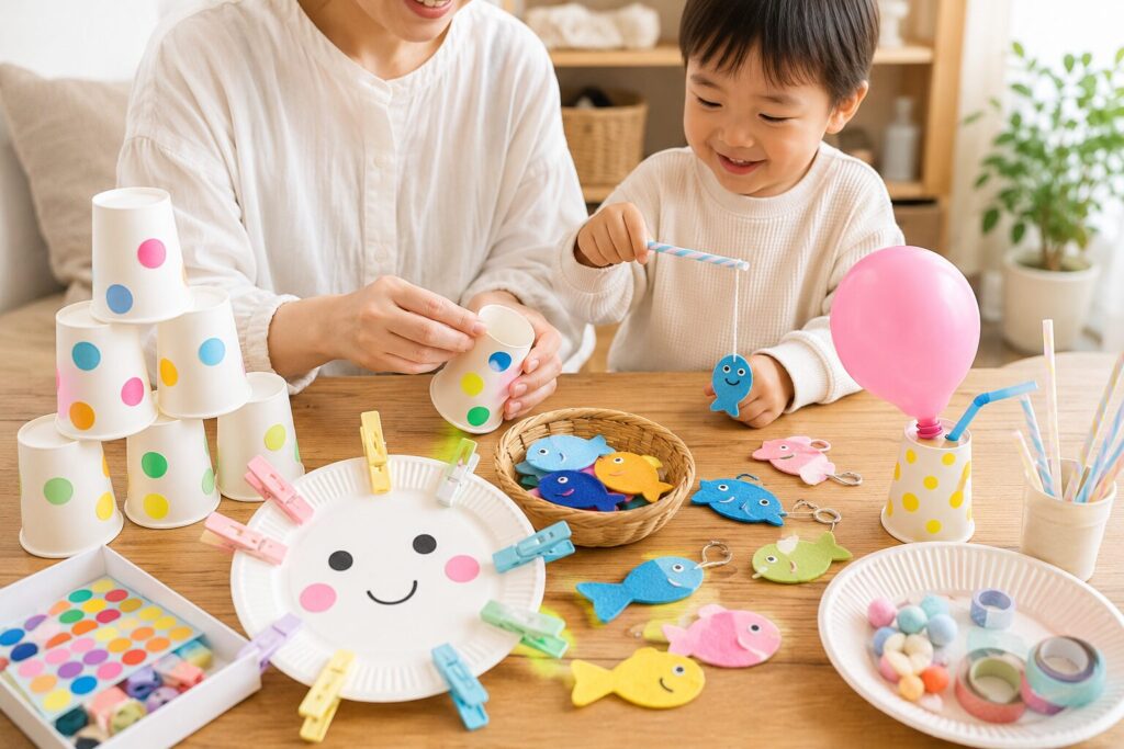 親子で100均の材料を使って遊び道具を作っている様子。紙コップ、シール、紙皿、洗濯ばさみ、フェルトの魚つりおもちゃなどが並び、手作り遊びの楽しさが伝わる画像。