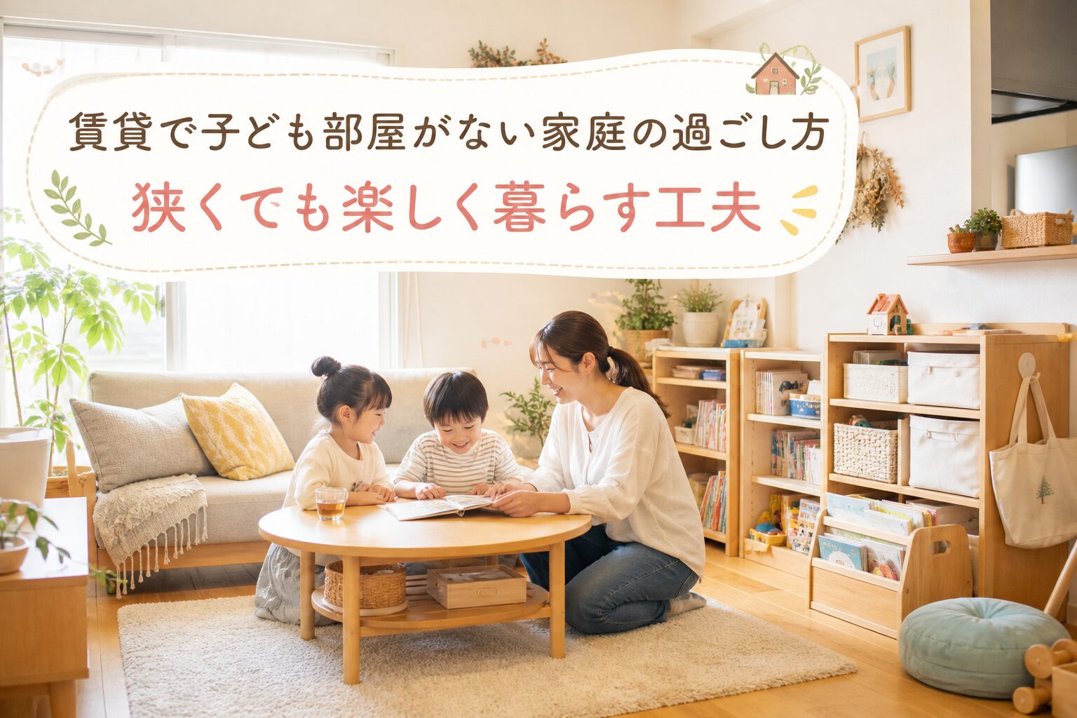 賃貸で子ども部屋がない家庭をイメージした明るいリビングで、親子が一緒にくつろぎながら過ごしている横長アイキャッチ画像
