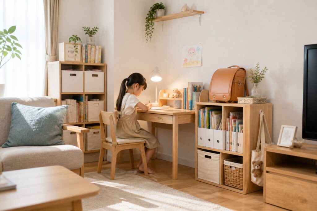 リビングの一角に作った子ども用の小さな学習スペースで、女の子が机に向かって勉強している様子