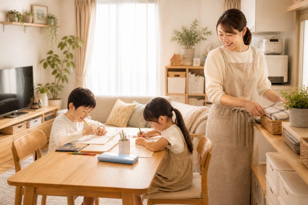 賃貸のリビングで子どもたちが勉強し、母親が家事をしながら見守っている明るい家族の暮らし風景