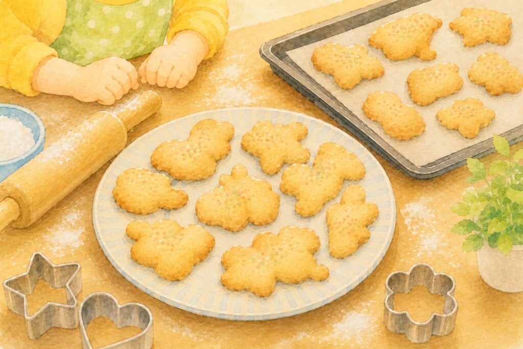手作りクッキーの材料費を親子で考える様子を描いた、やさしい水彩風イラスト