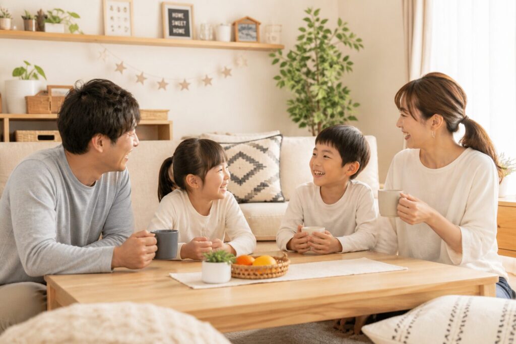 子ども部屋がない賃貸のリビングで、家族4人がテーブルを囲んで笑顔で過ごしている様子