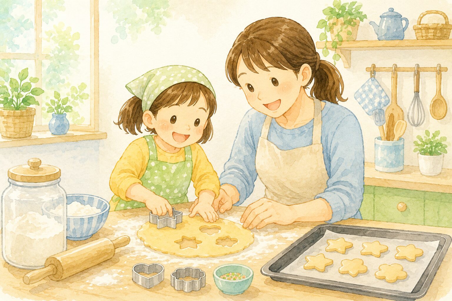 親子でクッキー作りを楽しむ母と子どものイラスト。家でお金をかけずに家族時間を過ごす様子
