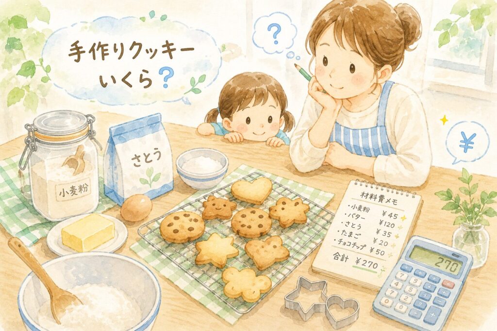 手作りクッキーの材料費を考える親子の様子を描いた水彩風イラスト。材料、クッキー、電卓、費用メモが並んでいる