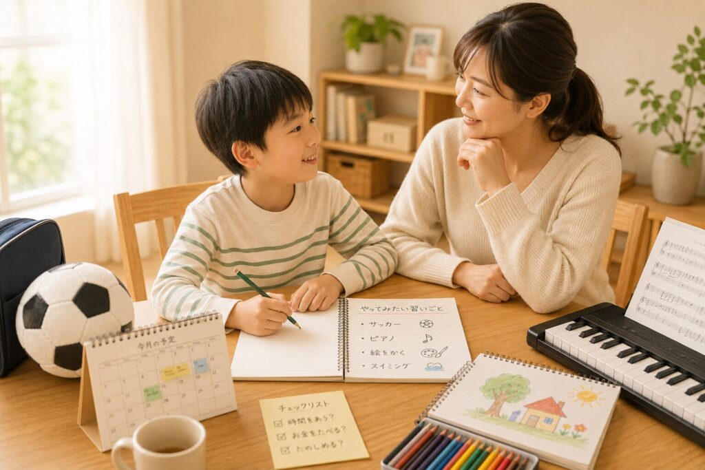 習い事について親子でやさしく話し合うイメージ画像。テーブルを囲んで母親と子どもがノートを見ながら相談し、サッカーボールや鍵盤、色鉛筆などの習い事アイテムが並んでいる