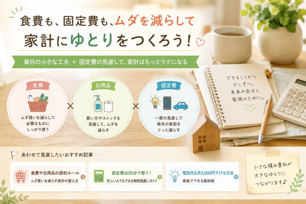 食費・日用品・固定費のムダを減らし、家計にゆとりを作る方法をまとめた横長の家計管理イメージ画像