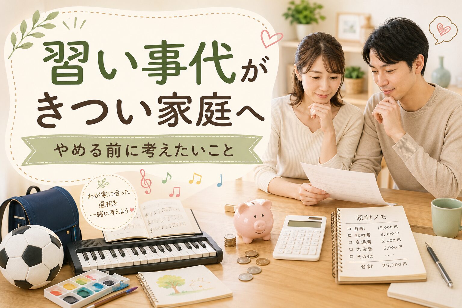 習い事代に悩む家庭をイメージしたアイキャッチ画像。家計表を見ながら相談する夫婦と、サッカーボール・鍵盤・絵の具などの習い事アイテムが並んでいる