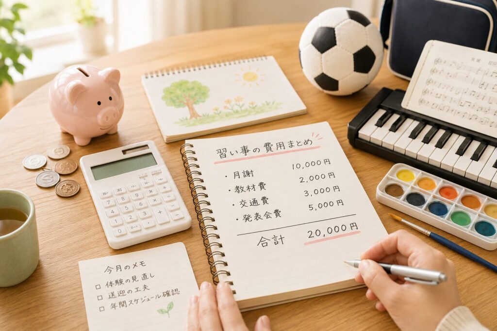 習い事の費用を見える化したイメージ画像。ノートに月謝・教材費・交通費・発表会費が書かれ、電卓や貯金箱、サッカーボール、鍵盤、絵の具が並んでいる