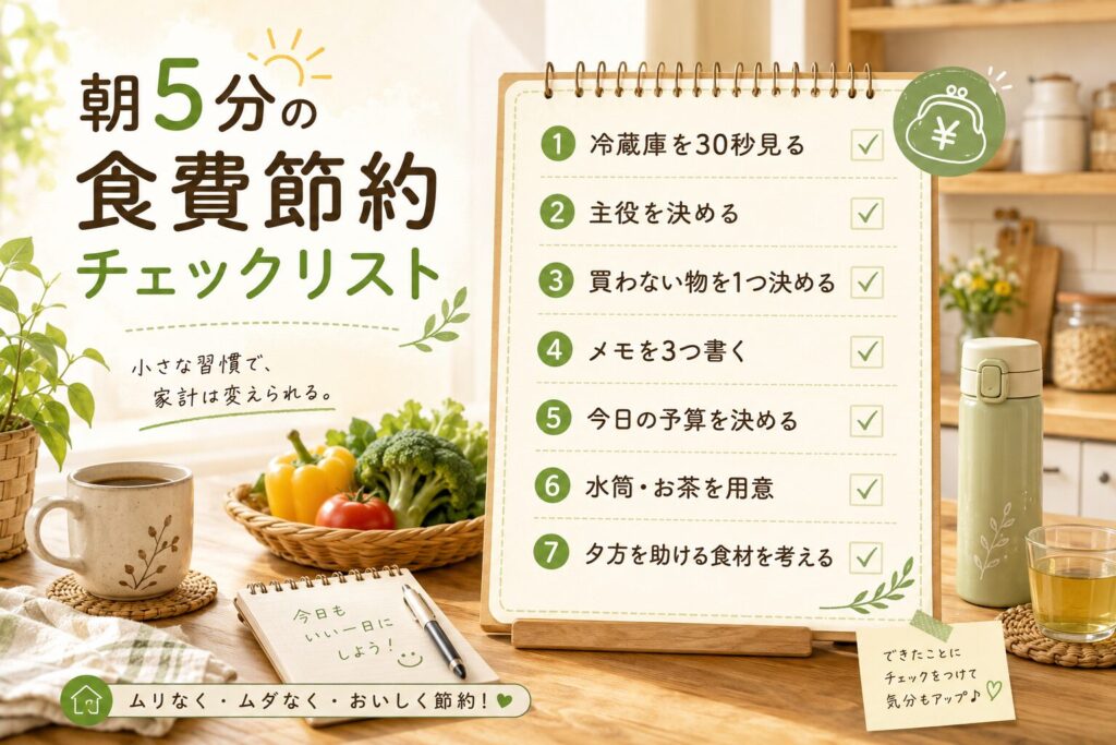 朝5分でできる食費節約ルール7つを、チェックリスト形式でわかりやすくまとめた横長画像