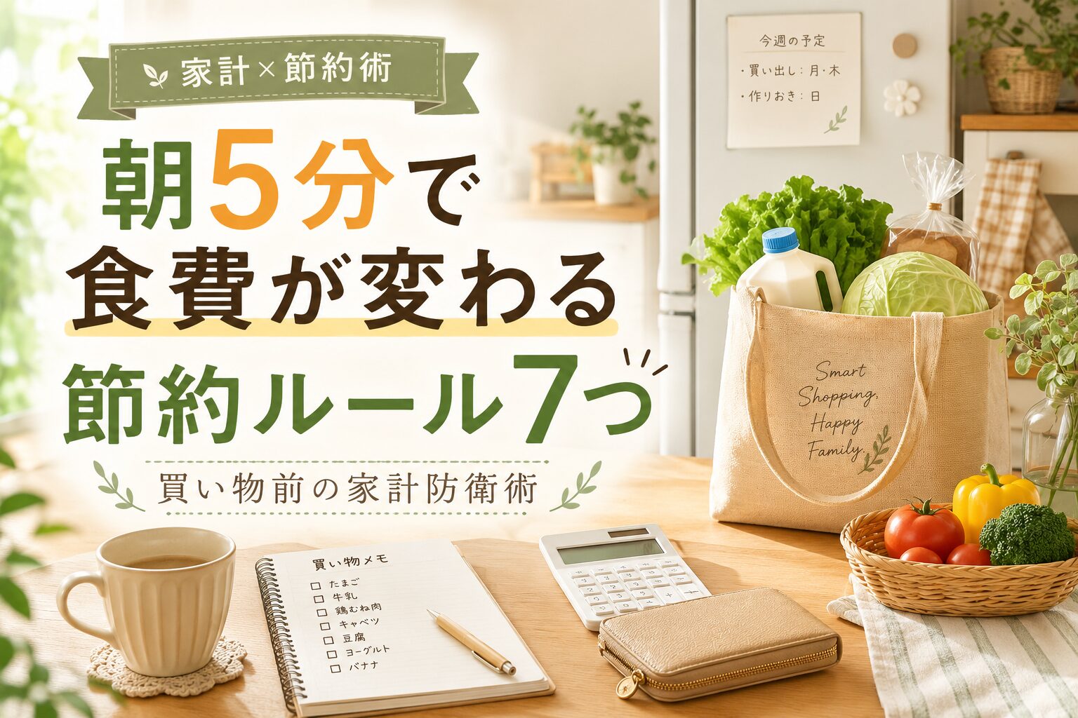 朝のキッチンで買い物メモや財布、食材を確認しながら、食費節約ルールを考える横長アイキャッチ画像